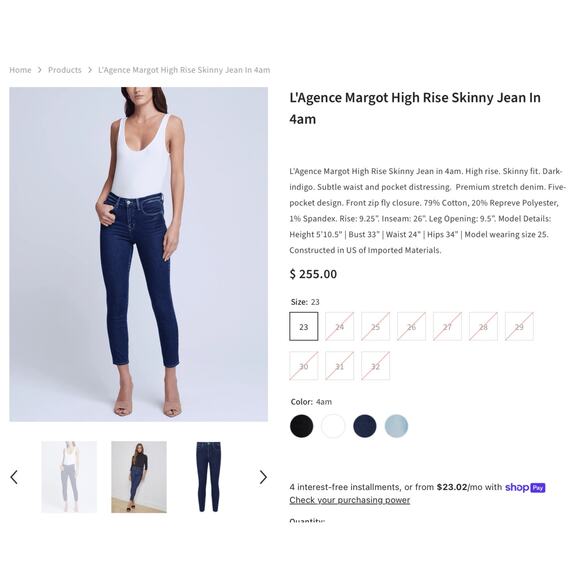 L’Agence Margot Skinny High Rise Dark Wash Jeans 4am $255 30 - Picture 4 of 9